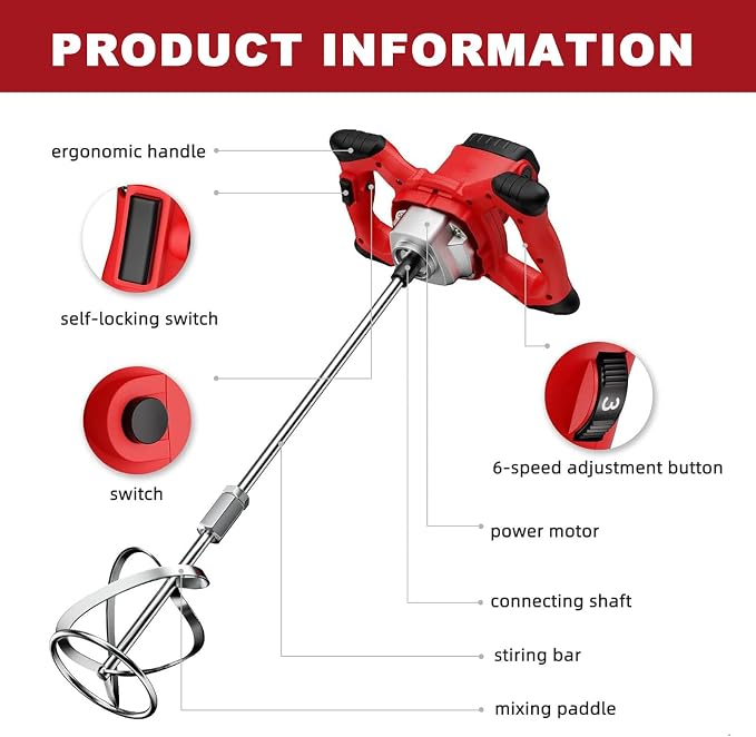 Cement Mixer, Handheld Electric Concrete Mixer, Portable Mortar Mixer with 6 Adjustable Speed, 110V Mud Mixer Machine Drill Tool for Paint Mortar Fodder Mixing Drywall Grout Plaster (Red)