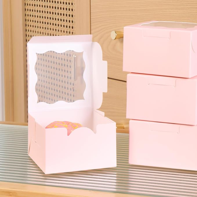 60pcs Pink Small Cake Box,4x4x2.5 Inch Bakery Boxes with Window,gift boxes bulk for Mini Cake Pastry Dessert Strawberries Chocolates Cupcakes with Stickers