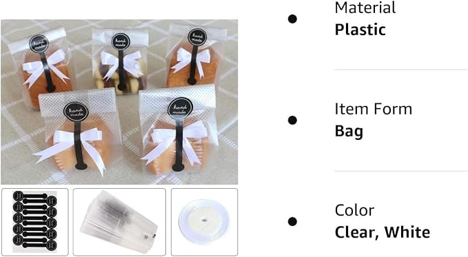Cookie Bags for Packaging, Searik Translucent Plastic Cellophane Pastry Treat Bags for Party Gift Giving Bakery Bread Candy Chocolate Wrapping Goods with Stickers and Ribbon (3.5 x 8.8 Inches, 80 Pcs)