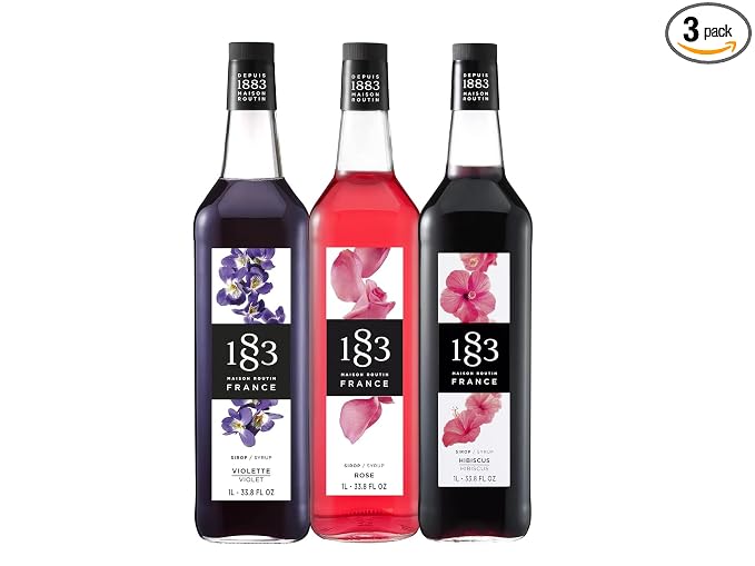 1883 Lavender, Rose, Hibiscus Syrups (Floral Flavors) for Coffee & Drinks – 1 Liter Glass Bottles (Pack of 3)