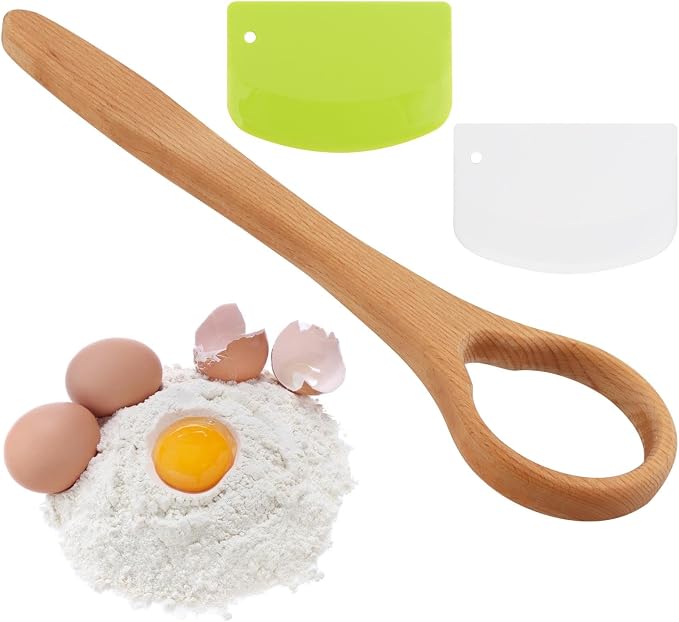 13-Inch Wooden Danish Dough Whisk with 2Pcs Scraper Set, Long Handle for Easy Mixing and Cleaning, Bread Whisking Tool for Baking Sourdough Bread, Pizza, Pastry and Cake Batters