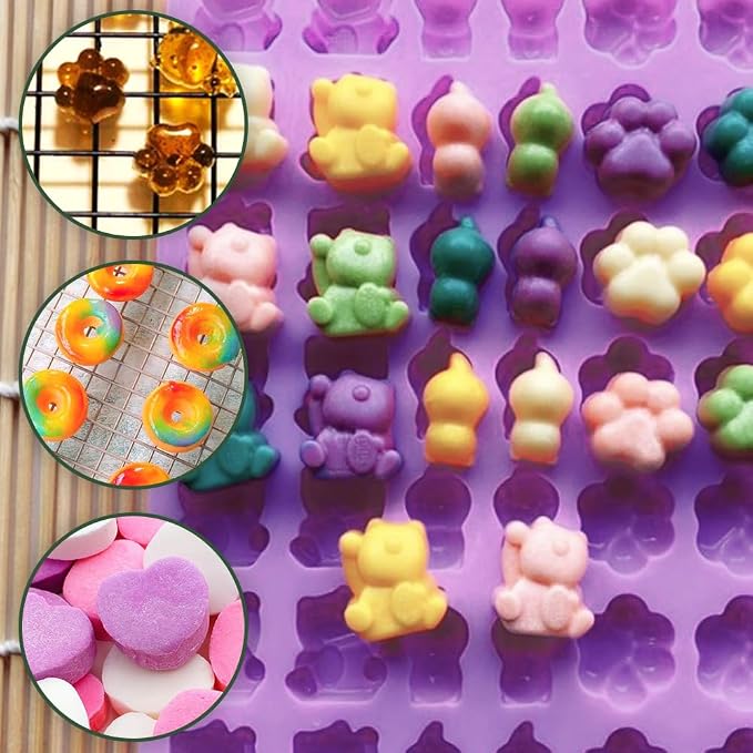 Silicone Gummy Molds Set of 5, Candy Molds with 2 Droppers for Convenient Filling, Chocolate Molds Set Includes Dinosaur, Bear, Donut, Heart and Cat Shapes