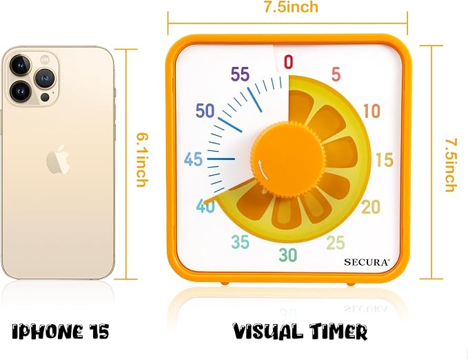 Secura 7.5-Inch Fruit Visual Timer for Kids, 60-Minute Countdown Timer for Classroom or Kitchen, Durable Mechanical Timer Clock with Magnetic Backing (Orange)