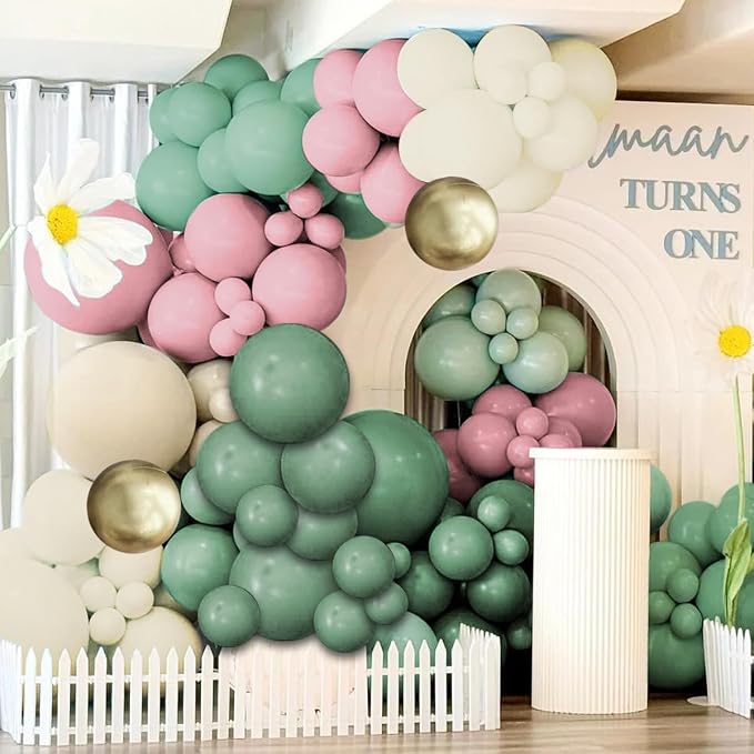Sage Green Pink White Gold Balloons Garland Arch Kit, 160Pcs Olive Green Blush Pink White Sand Metallic Gold Balloons for Baby Shower Wedding Birthday Jungle Safari Woodland Party Decorations