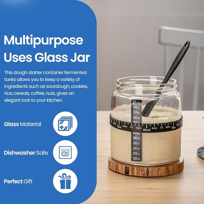 Sourdough Starter Jar Kit - Pack of 2, 35oz Wide Mouth Glass Jars for Sourdough Starter with Date Marked Feeding Scale, Thermometer, Cloth Cover, Scraper & Wooden Lid, Sourdough Jars