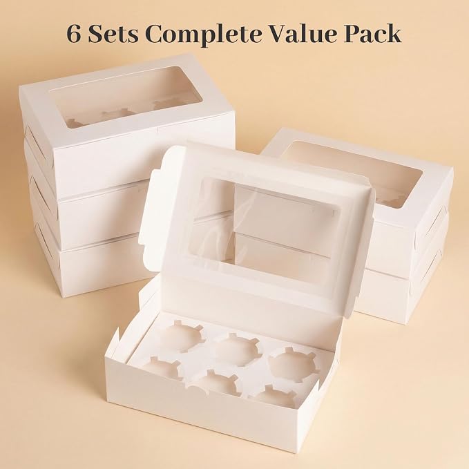 HONEYGIFTS 6 Count White Cupcake Boxes, 6 Sets Cupcake Carrier with Window Boxes Holding 36 Pastry Box for Birthday Holiday Party Bakery Supplies
