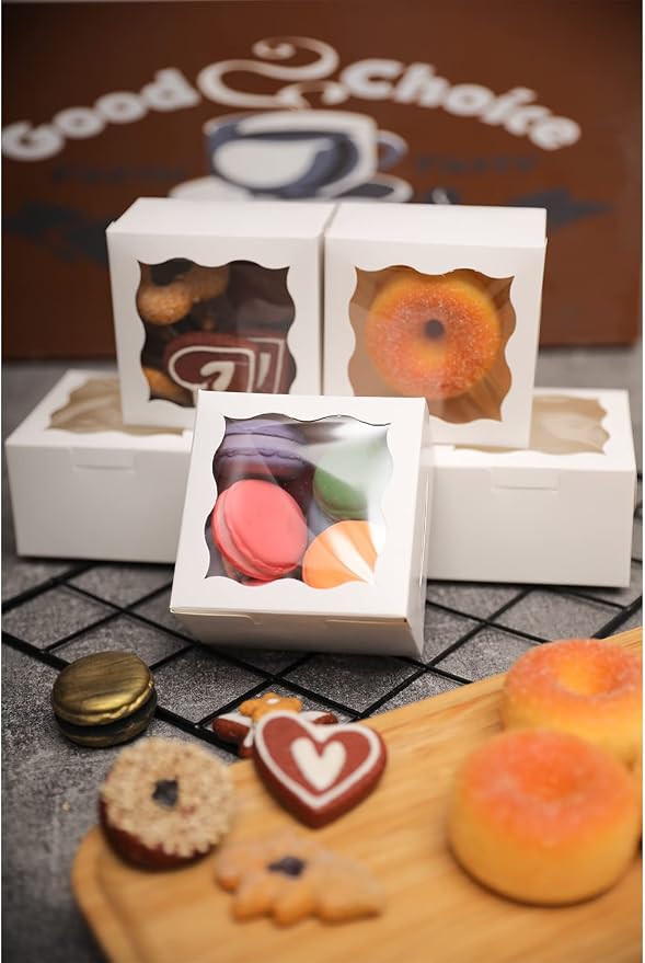 Bakepacker White Bakery Boxes with Window - 4x4x2.5 inches Small Size Pastry & Mini Cookie Boxes for Bakeries - Thick & Sturdy (100 Packs)