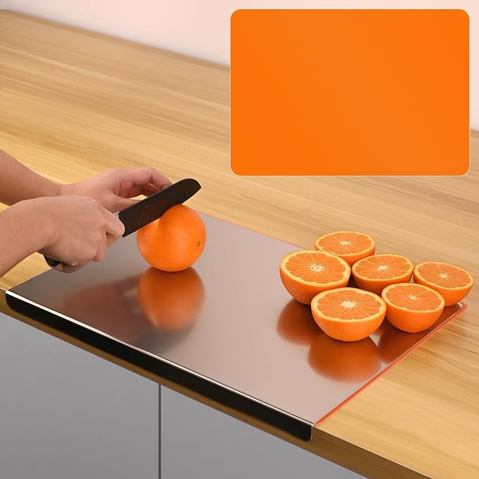 HUAKENER Large Stainless Steel Cutting Boards for Kitchen, Cutting Board with Counter Lip, Cutting Board with Silicone Mat for Meat, Fruits, Vegetables, Bread (15.7 x 11.8 Inch)