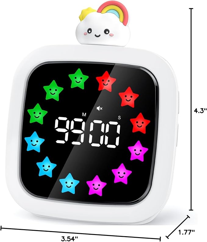 Yunbaoit Digital Visual Timer for Kids, Rechargeable 99-Minute Silent Countdown Timer with 19 Ringtones, 9 Optional DIY Color Star Display, Time Management Tool with Pause Function (Rainbow)