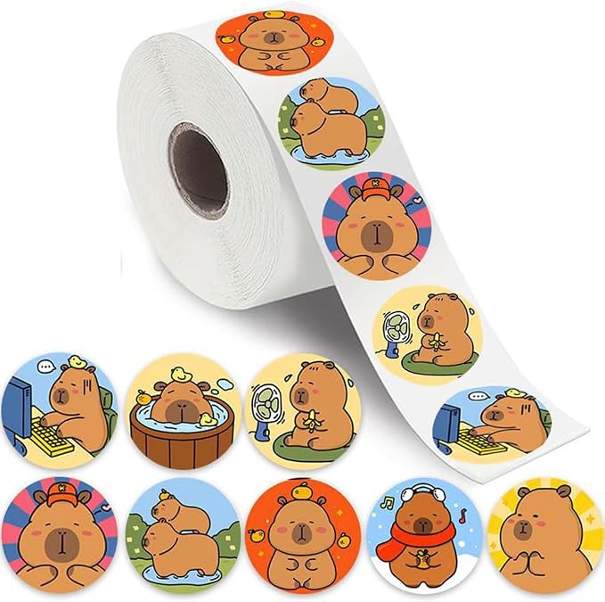 500PCS Capybara Stickers Cute Brown Cartoon Animal Stickers 1 Inch Round Roll for Classroom Prize Party Favors Water Bottle Laptop Luggage Helmet(Capybara)