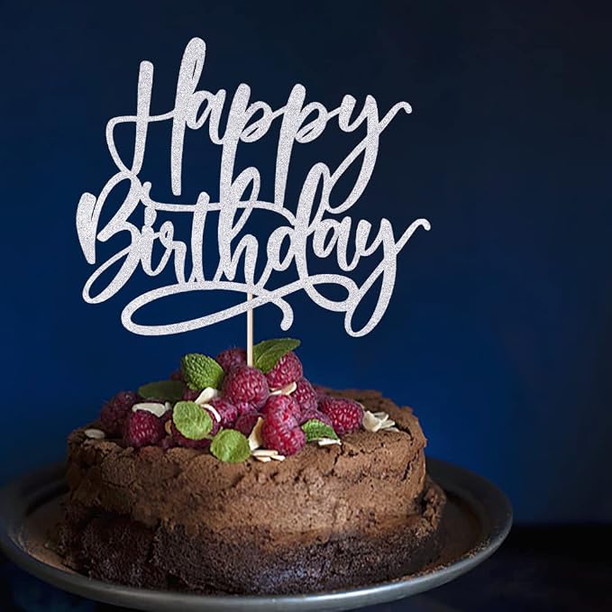 Kaoenla Silver Happy Birthday Cake Decoration-boys and girls, men and women Birthday/Anniversary cakes Selected decorative (Silver)