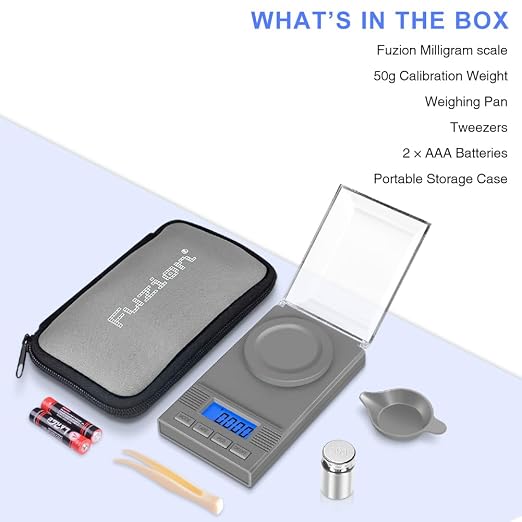 Fuzion Digital Milligram Scale 50g/0.001g, Powder Scale 6-in-1 Kit | Includes Soft Carry Bag, 50g Calibration Weight, Battery, Milligram Scale for Capsule Filling, Supplement, Reloading, Jewelry