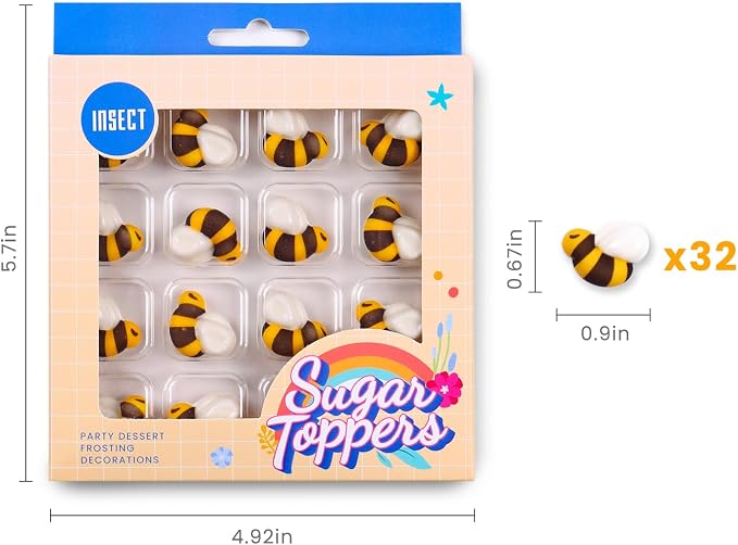 Royal Icing & Candy Bee Sprinkles - 32pcs Cake Decoration Set for Cupcakes, Macarons & Cakecicles - Perfect for Bee & Spring Themed Parties