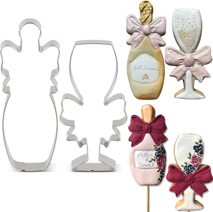 LILIAO Champagne and Champagne Glass with Ribbon Cookie Cutter for Wedding/Engagement - Stainless Steel