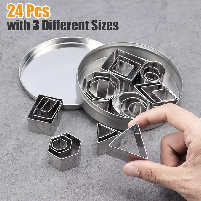 ofone Small Cookie Cutters Geometric Shapes Set, 24 Mini Fondant Cutter - Square Triangle Oval Rectangle Hexagon Octagon Circle Diamond, Tiny Stainless Steel Biscuit Molds for Baking Dough Pastry