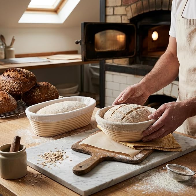 Saint Germain Bakery Premium Banneton Bread Proofing Basket Set - 2 Pack 10 Inch Round Brotform with Liners, Sourdough Bread Baking Basket