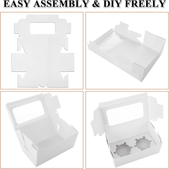 AKOLAFE 100 Set White Cupcake Boxes 2 Cupcake Holder with Lid To Go Cupcake Containers Reusable Cardboard Cupcake Boxes Bulk with Clear Window Cupcake Carrier for Cup Cake Packaging Transport Storage
