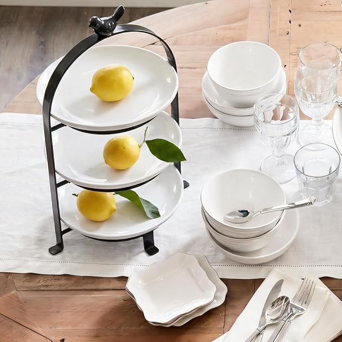 SparkWorks 3 Tiered Cake Stand, Tea Party Serving Platter, Dessert and Cupcake Stand, Metal Tiered Serving Stand Includes Three Premium White Stoneware Plates