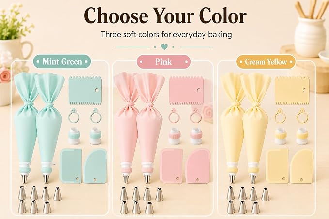 15 PCS Cake Decorating Supplies Set with 2 Reusable Superflex Piping Bags, 6 Stainless Steel Icing Tips, 3 Cake Scrapers, 2 Couplers and Ties for Beginners,Pink