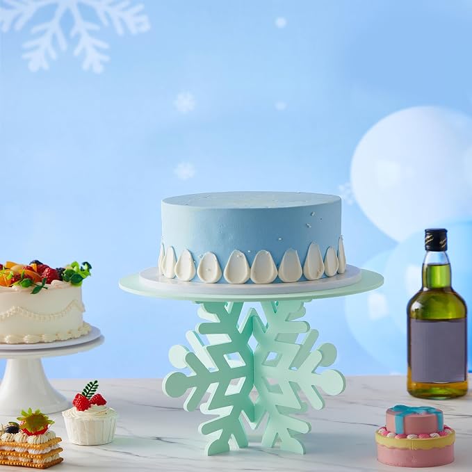 Lallisa 12" Snowflake Frozen Cake Stand Light Green 3D Snowflake PVC Cake Decorations with Engraved Snow Themed Holder Dessert Stand Centerpieces for Frozen Winter Birthday Party Supplies