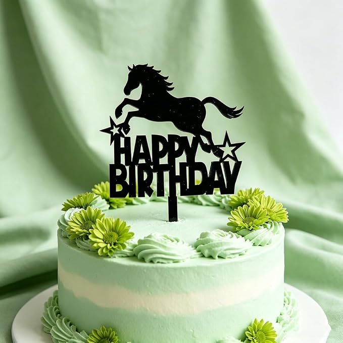 Black Acrylic Horse Happy Birthday Cake Topper, Horse Theme Party Decoration for Boys, Girls, Men, Women & Kids Birthday Party Decoration Supplies (Design1)