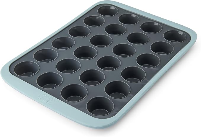Chicago Metallic Silicone Mini Muffin Pan 24 Cup, Nonstick Cupcake Pan with Wire-Reinforced Rim, Oven Safe Flexible Baking Mold for Muffins, Egg Bites, and More, Blue, 14.6 x 10 Inches