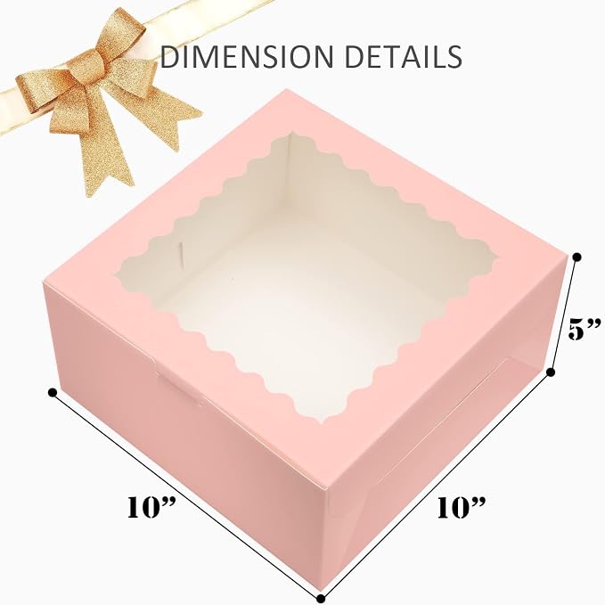 Bakepacker 36pcs 10x10x5 Inches Pink Cake Boxes with Window 18-Packs, 10 Inch Bakery Boxes (18 Cake Boxes +18 Cake Boards Included)