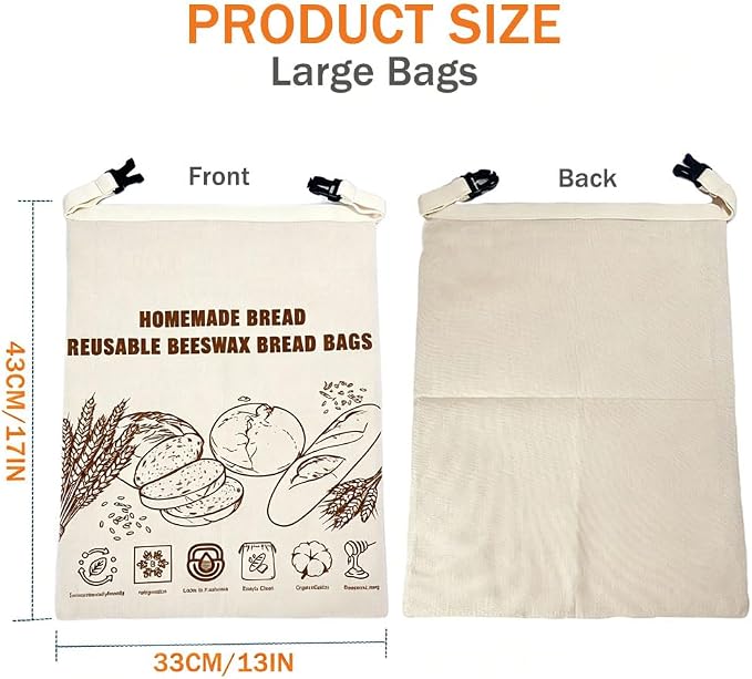 KINGYEENUO 2 Pack Beeswax Bread Bags for Sourdough, Reusable Large Cotton Linen Storage Bags with Zipper, Plastic-Free Food Preservation Wraps for Artisan Loaves, Baguettes & Freshness | Cotton Linen Storage Bags with Zipper, Plastic-Free Food Preserva...