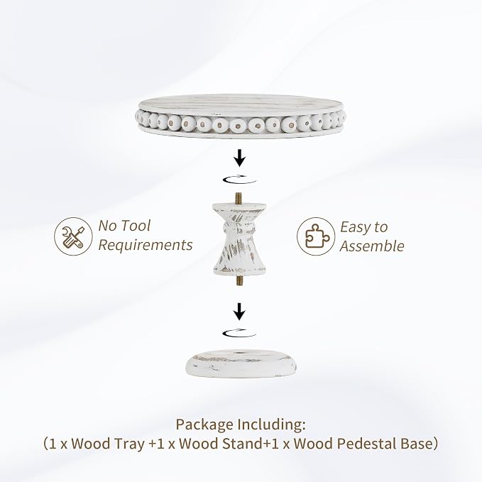Hanobe Small Wood Cake Stand: White Cupcake Pedestal Stand 8 inch Dessert Display Riser Rustic Round Cakes Holder Tray Vintage Beads Wooden Plate for Wedding Birthday Decor