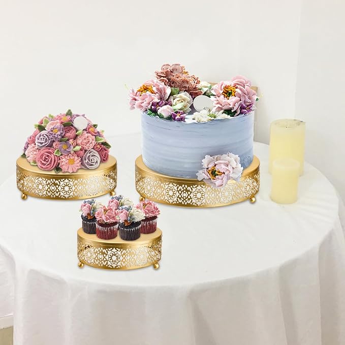 Hedume 3 Pack Cake Stand Set, Round Cake Stands, Metal Dessert Cupcake Pastry Candy Display Plate for Wedding, Event, Birthday Party