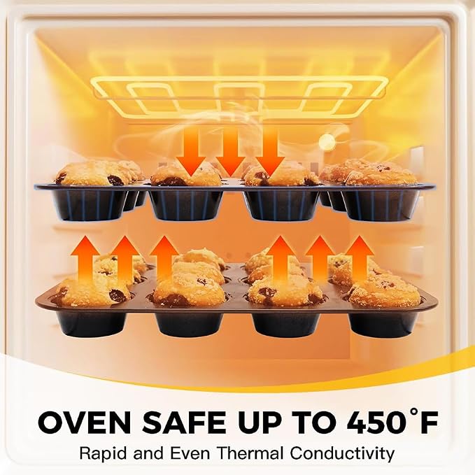HONGBAKE Muffin Pans with 120 Natural Parchment Liners, Nonstick Cupcake Baking Tray for Oven, Premium Standard Size, 12 Cup, 2 Pack, Dark Grey