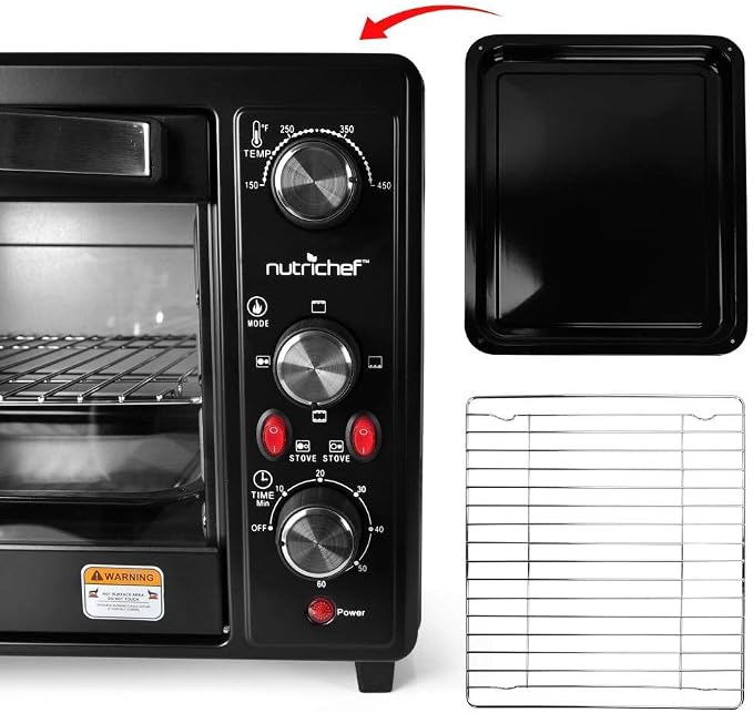 Updated Premium Version Multifunction Grill Oven, Dual Hot Plate, Toaster Oven w/Rotisserie, Grill/Griddle Top, Countertop Convection Oven, w/Wire Grill Rack, Baking Tray, Skewers, Tray Handles