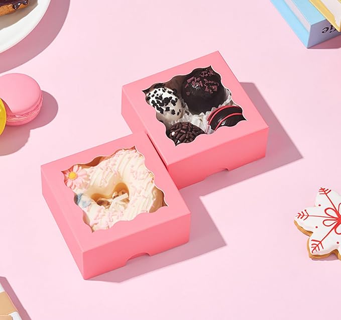 100 Pack 3.25x3.25x1.5 inches Pink Small Cookie Boxes with Window - Mini Cake Pie Macaron Donut Chocolate Truffle Treat Boxes for Valentine's Day Wedding&Birthday Party Favor