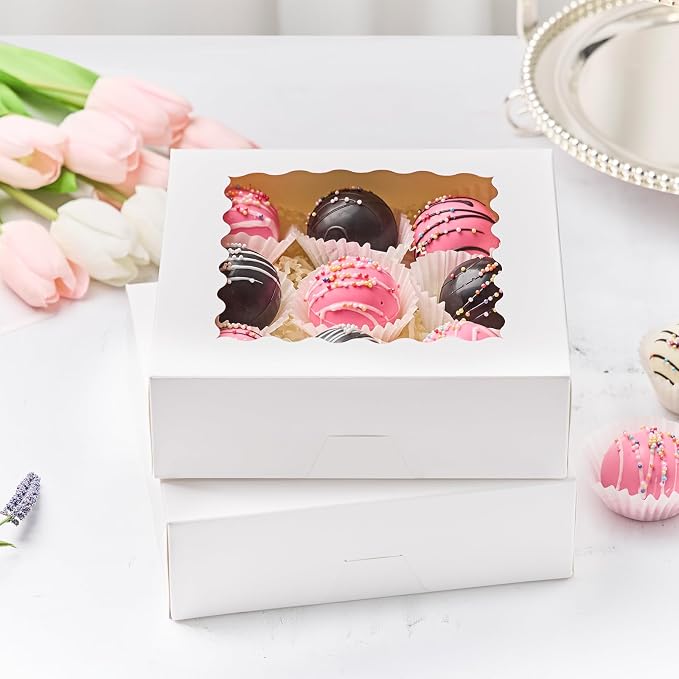 Kucoele Pie Boxes, 8 x 8 x 2.5 Inches, 20 PCS, White | Auto-Popup, with Window, Bakery Boxes, Cookie Boxes, Treat Boxes, For Chocolate Strawberries, Pastries, Muffins, Donuts