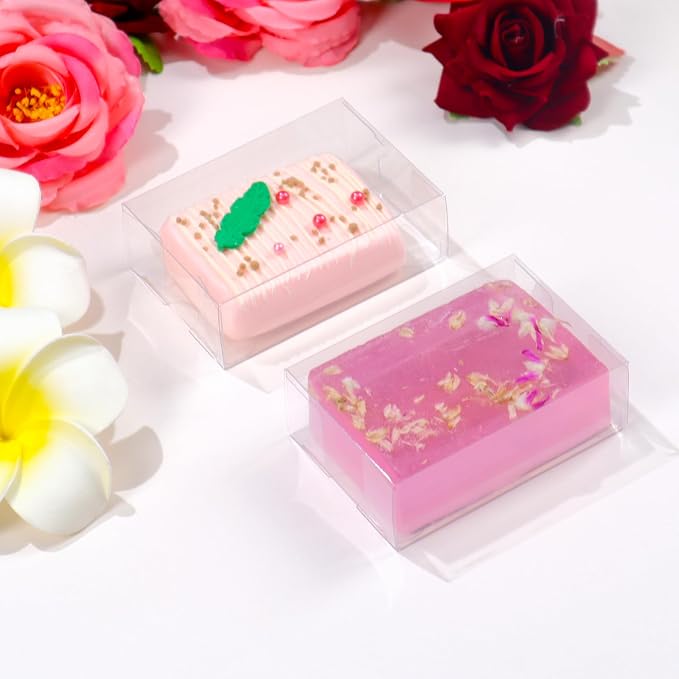 100PCS 3.5x2.36x1.2 Inch Clear Plastic Soap Boxes Packaging - Small Bakery Favor Boxes for Macarons, Cookies & Candies, Perfect for Homemade Soap Gifts, Wedding & Birthday Parties