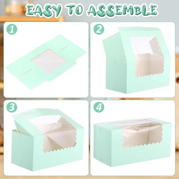 Ireer 60 Pcs 8x4x4 Inch Sage Green Bakery Boxes with Window Cookies Boxes Pumpkin Roll Container Donut Box Pastry Cake Packaging Safe for Wedding Cookies Loaf Muffins Breads Dessert Candies Treat