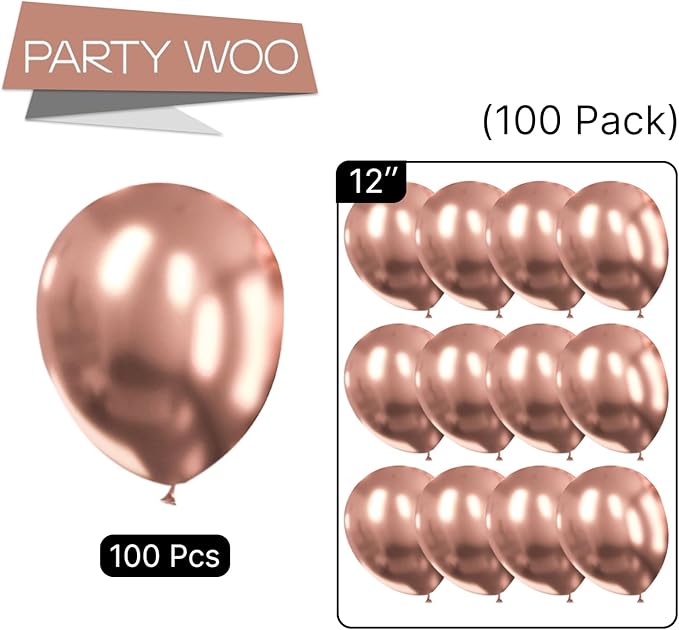PartyWoo Rose Gold Balloons 100pcs 12 Inch Metallic Chrome Rose Gold Balloons for Wedding Sweet 16 Baby Shower Bridal Shower Bridgerton Floral Girl Birthday Party Decorations Rose Gold-G107