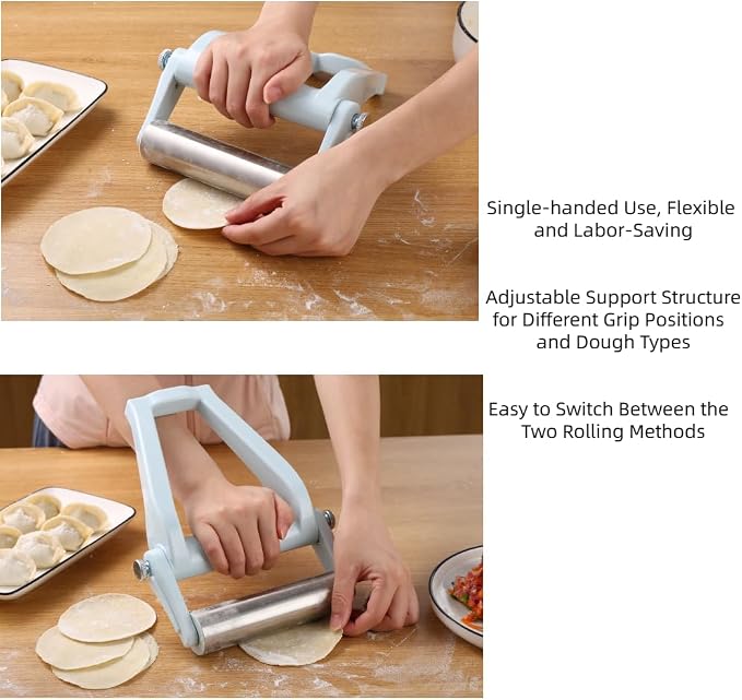 Rolling Pin with Adjustable Labor-Saving Design, 6 Inches Stainless Steel Dough Roller, Ideal for Home Kitchen Baking, Pizza, Pastry, Pasta, Fondant, Pie, Tortillas, Dumpling, Cookie