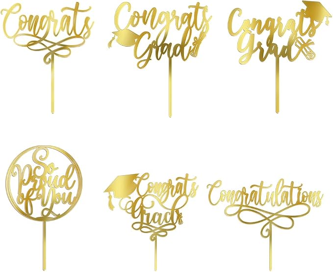 PALASASA Congrats Grad Cake Topper-Class of 2026 Graduate Party-2026 High School/College/Senior Graduation Party 6 kinds Design Graduation Acrylic Cake Decorations (6 Pcs, Gold)