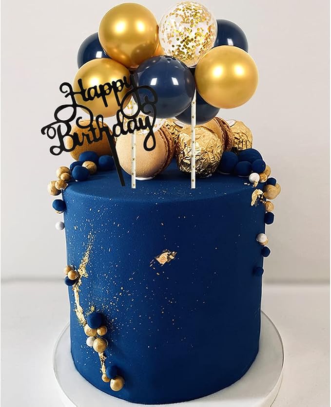 BEISHIDA Happy Birthday Cupcake Toppers - Navy Gold Mini Balloon Cloud Birthday Cake Decorations for Boys Men Party Decorations