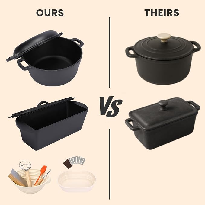 QuliMetal Cast Iron Dutch Oven for Sourdough Bread, 5QT & 3.2QT Loaf Pan with Lid Pre-Seasoned Bread Oven with Sourdough Bread-Baking Supplies, Crispy Crust Artisan Bread Baking Set for Home Bakers
