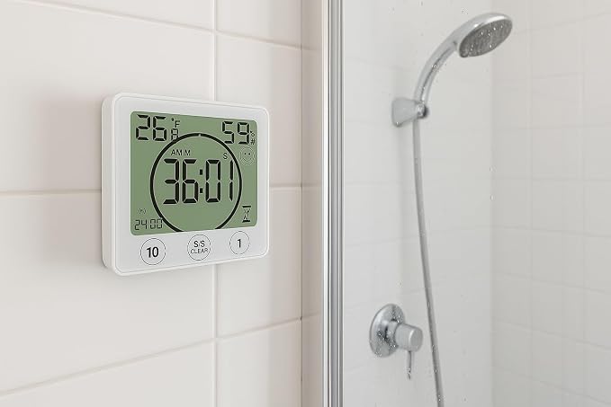Digital Shower Timer Clock with Temperature & Humidity Display – Waterproof Bathroom Wall Clock for Kids, Spa, Kitchen – Touch Screen Countdown Timer, Magnetic Mount, Suction Cup & Stand