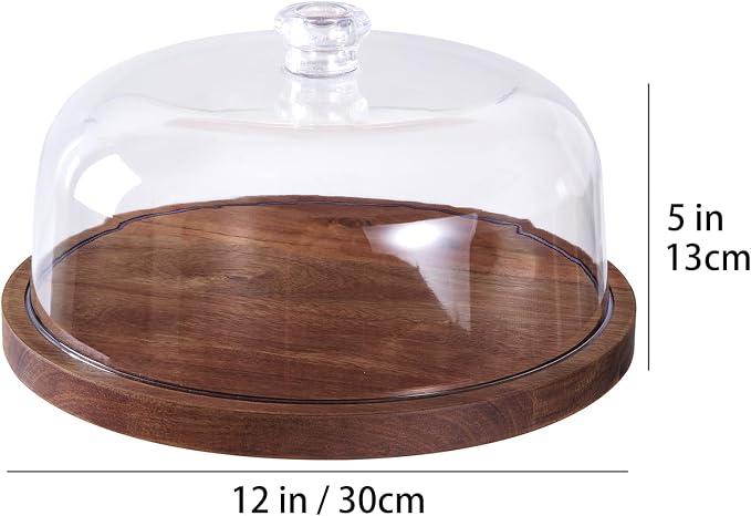 LiTY Cake Stand with Lid, Acacia Wood 12in Round Cake Holder, 2-in-1 Dessert Table Display Set & Charcuterie Board for Cheese, Chips & Dips, Nachos, Fruit Platter, Large Acrylic Cake Dome Cover
