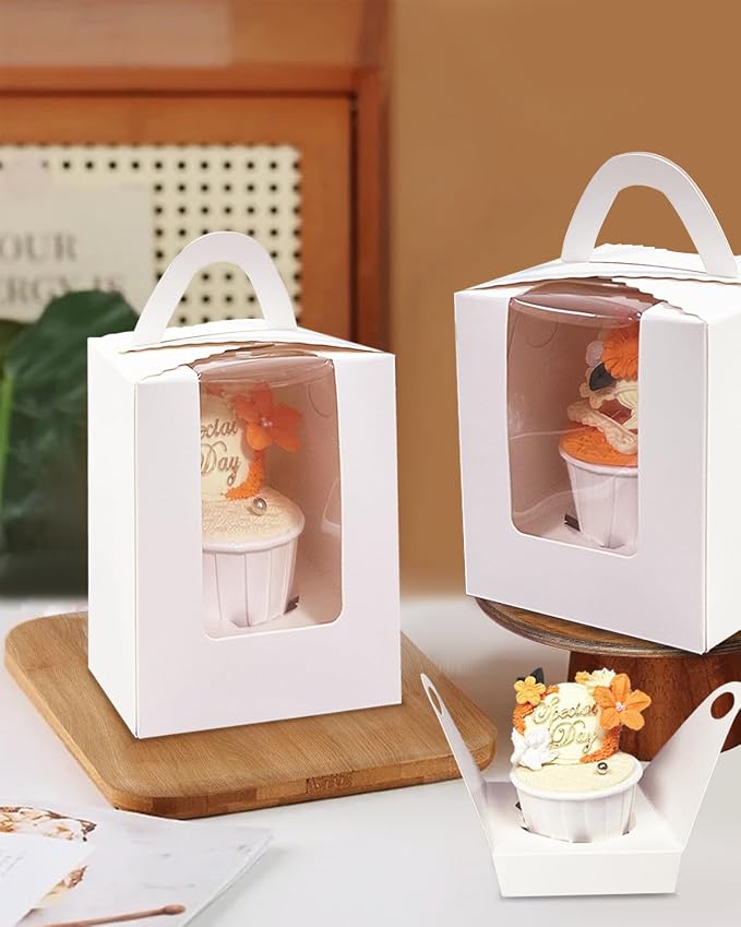 Bakepacker Auto-pop up Individual Cupcake Boxes with Window 200 Count White 3.6"X3.6"X4.3", for Cake, Treat Cookie Dessert, Pastry, Birthday Party, Weddings