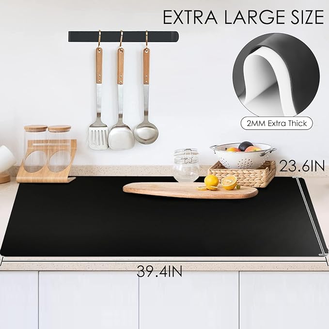 Thick(2MM) Extra Large Silicone Mat For Kitchen Counter 39.4"x23.6" Silicone Table Mat For Resin Workbench Mat Heat Resistant Mat Coffee BarMat, Black