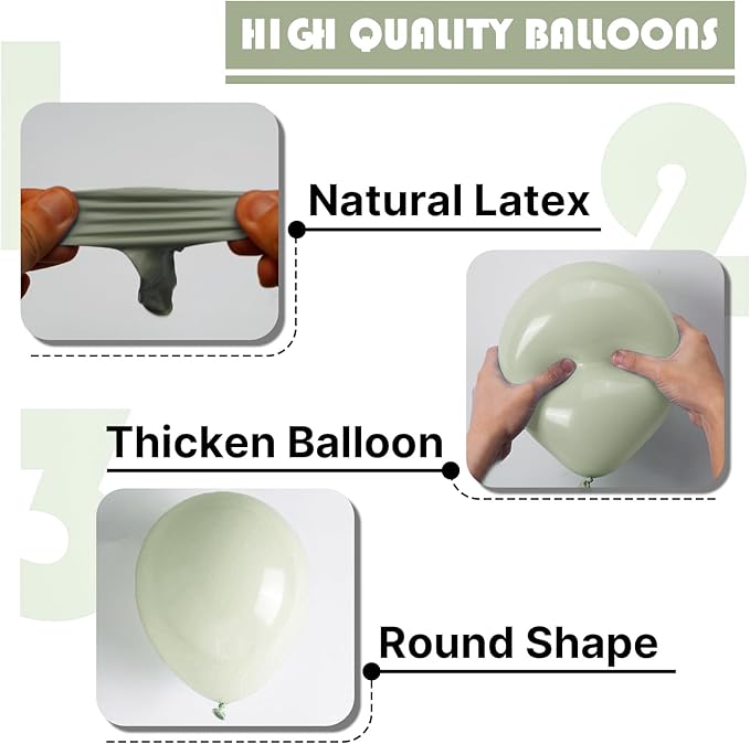 PartyWoo Sage Green Balloons 140pcs Different Sizes of 18 12 10 5 Inch Dusty Boho Green Latex Balloon Arch Kit for Wedding Birthday Dinosaur Jungle Golf Football Theme Party Decorations Green-F32