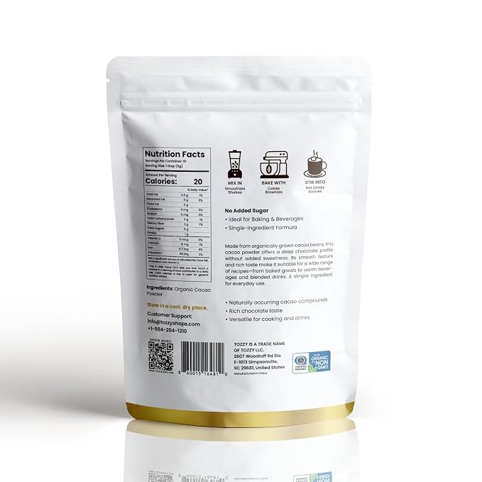 Tozzy Organic Unsweetened Cacao Powder, 1 lb (454 g) – Pure Single Ingredient, No Sugar Added, Rich Dark Chocolate Flavor for Baking, Smoothies & Hot Drinks