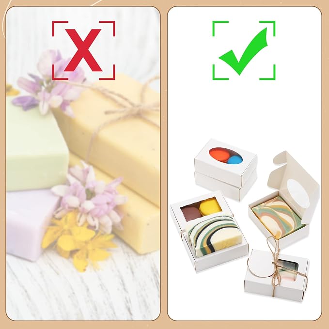Yexiya 60 Pcs Homemade Soap Boxes 3.55 x 2.4 x 1.2 Inch Kraft Soap Box with Window Mini Gift Packaging Supplies for Homemade Bakery Candy Cookies Party Favor(White)