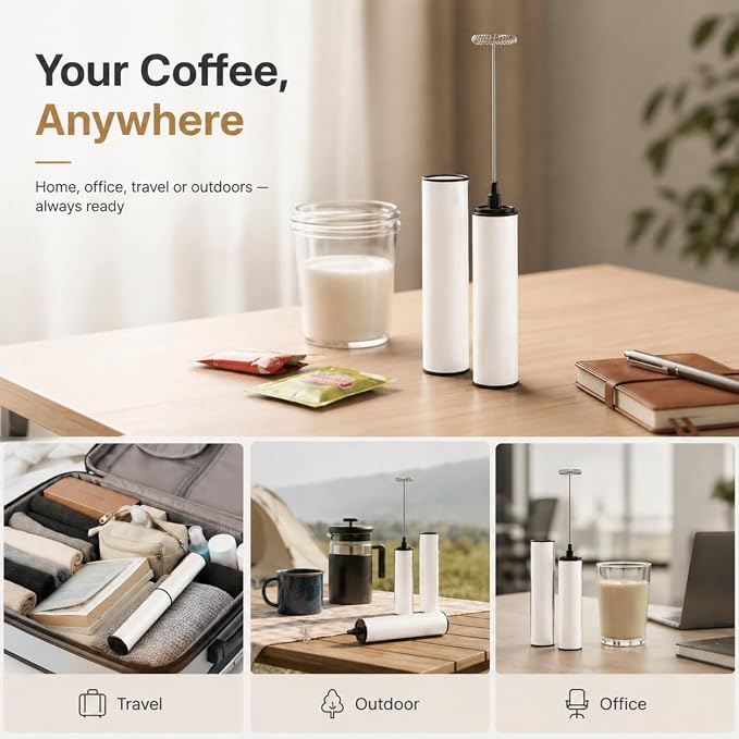 Milk Frother, Rechargeable Battery Operated Frother for Coffee,Portable Drink Mixer with 2 Stainless Steel Whisk Heads,Milk Foamer for Keto Coffee, Latte, Cappuccino, Hot Chocolate,White