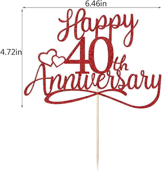 Sleyberoy red Glitter Happy 40th Anniversary Cake Toppers -Wedding Anniversary Party Decorations, 40th Wedding Anniversary, Company Anniversary Party, Birthday Party Decorations